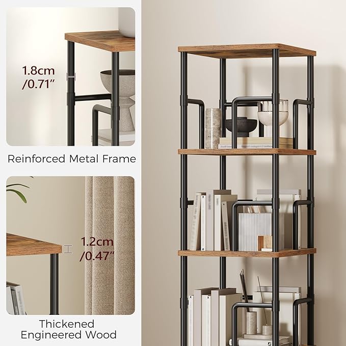 MAHANCRIS 4-Tier Rotating Bookshelf, Freestanding Corner Bookshelf, 360° Spinning Bookcase, Industrial Style Storage Rack with Rails, for Living Room, Bedroom, Study, Rustic Brown and Black BKHR1501