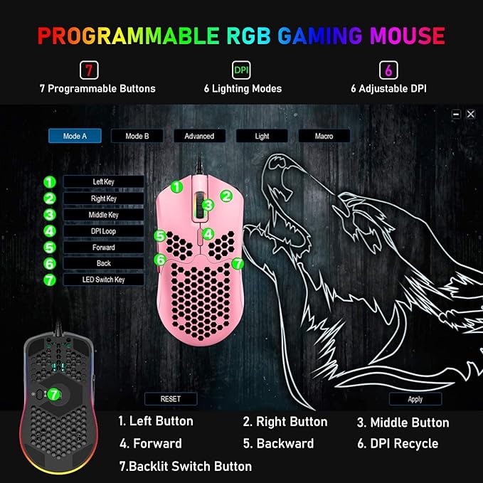 Lightweight Gaming Mouse,26 kinds RGB Backlit Mice,PixArt 3325 12000 DPI Mouse,Ultralight Honeycomb Shell Ultraweave Cable Mouse and Anti-key Can Be Set for PC Gamers and Xbox and PS4 Users(Pink)