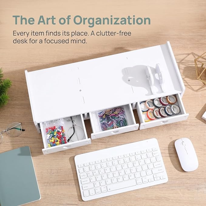 Tofficu Computer Monitor Stand Riser with 3 Drawers - Desktop Organizer with Phone Holder, White Desk Shelf for Laptop, Office Supplies & Workspace Storage