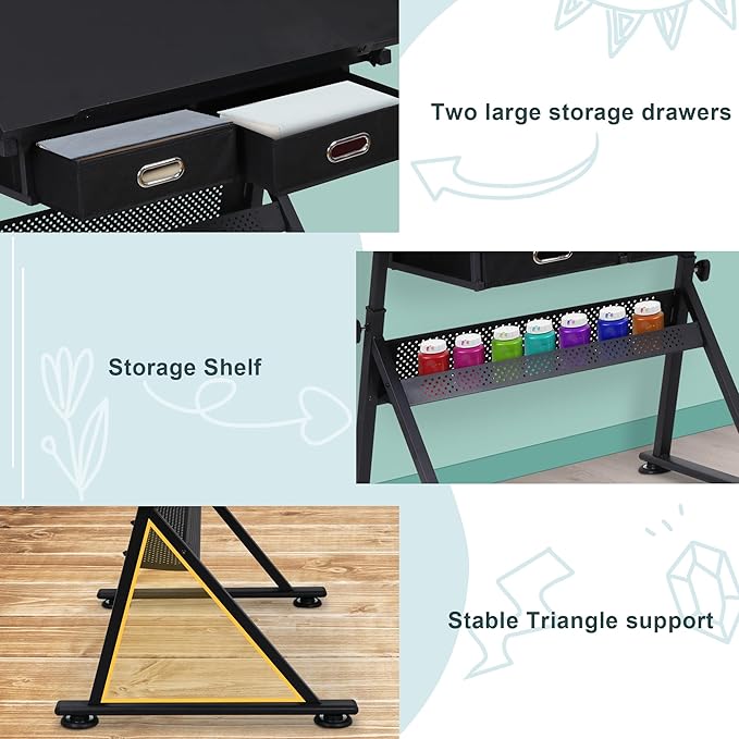 ZENY Adjustable Drafting Table with Stool, Tilting Drawing Desk Artist Table with Storage Drawers, Art Craft Workstation for Home Office Reading, Writing, Crafting