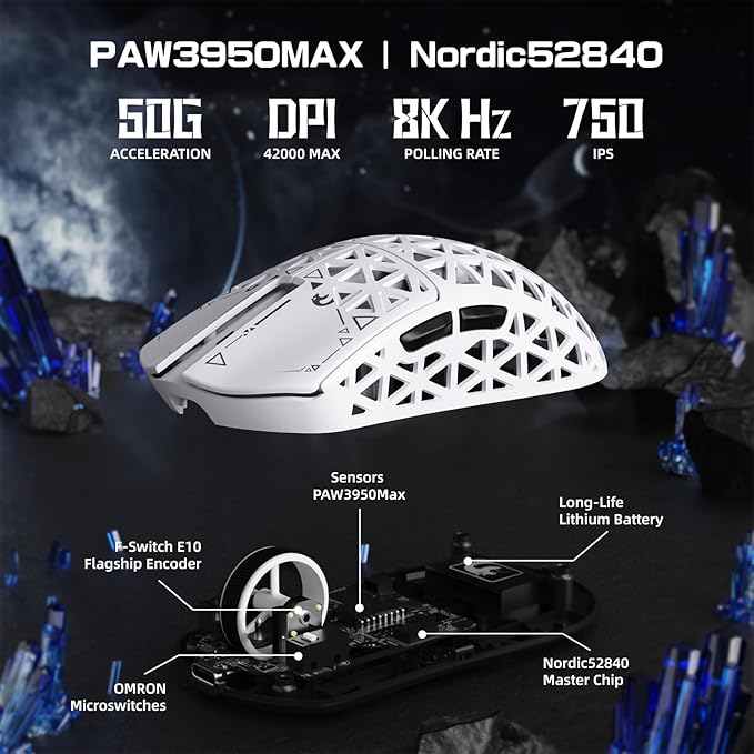 MAMBASNAKE M5 Ultra Carbon Fiber 8000Hz Wireless Gaming Mouse, 39g Superlight, 42000DPI, PAW3950MAX Sensor, Nordic 52840 Chip, Bluetooth/2.4G/USB-C Wired Mice wih Coiled Cable for PC/Mac (White)