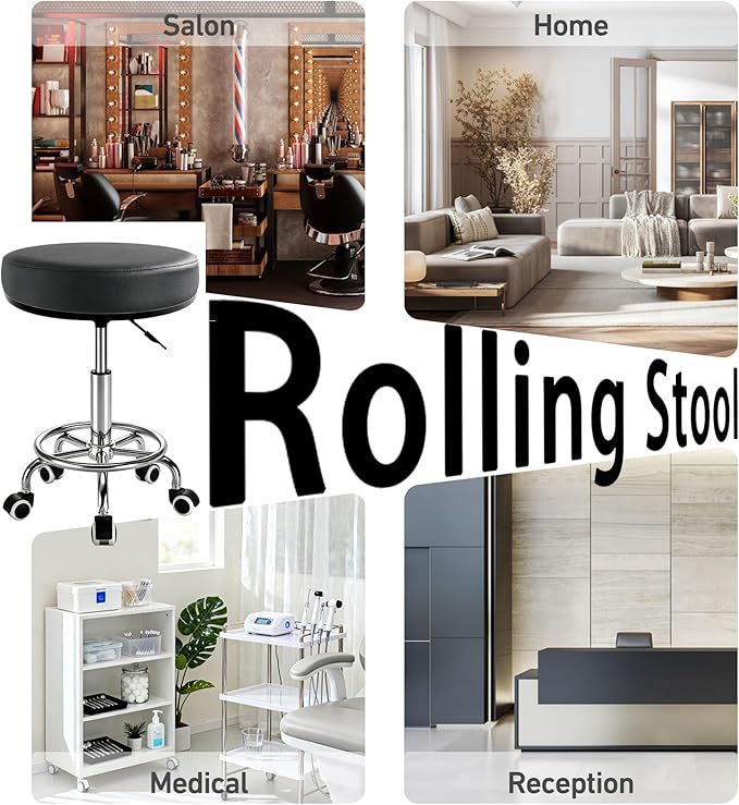 Heavy Duty Round Rolling Stool 500lb, PU Leather 360-degree Support Full-Edge Cover Layer Drafting Chair with Wheels, Height Adjustable Swivel Stool with Footrest, 5-min Easy Assembly (Black)