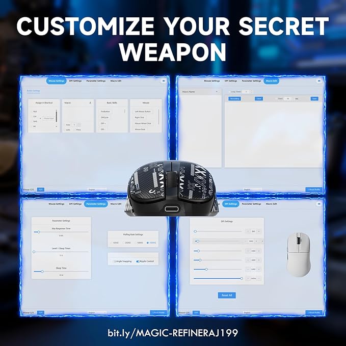 ZIYOU LANG×Magic-Refiner AJ199 Lightweight Wireless Gaming Mouse,Tri-Mode(2.4G/Wired/BT),24K DPI,PAW3311 Optical Sensor,1000Hz Polling Rate,600mAh,49g Ergonomic Mice for Mid-Large Hands-Black&Sticker