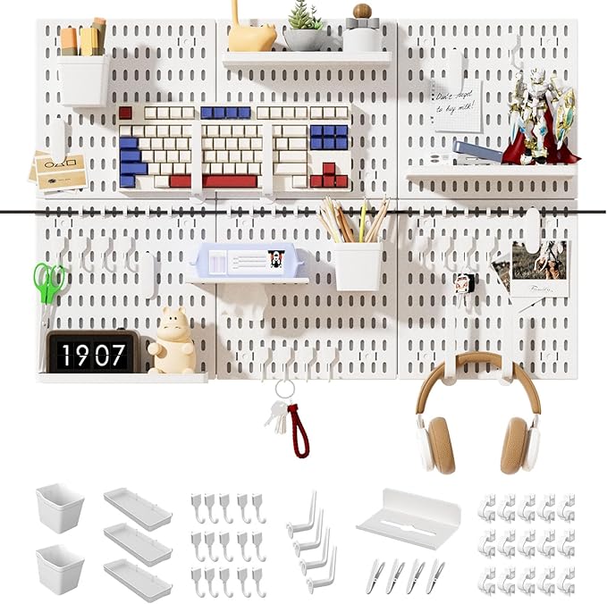SHGJ&SOFT Peg Board Wall Organizer Panels, 50pcs - Includes 6 White Pegboards & Accessories, Plastic Pegboard for Home，Office, Craft Room, Gaming Setup, 24″×24″, Wall Mount Display Pegboard Panel Kits