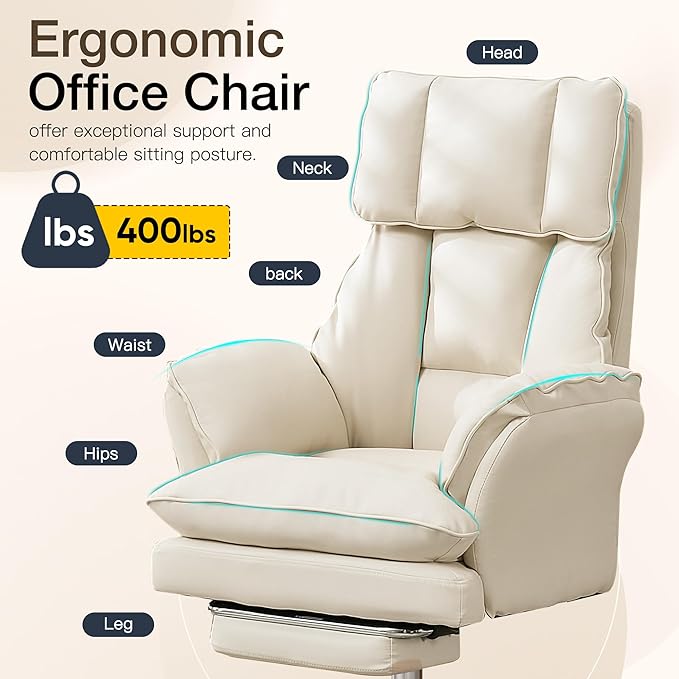 Ergonomic Cloud Cross Legged Office Chair with Footrest,Leather Big and Tall Executive Chair with Wheels,Reversible Armrest,155° Reclining Computer Wide Desk Chair for Home,Office (Beige)