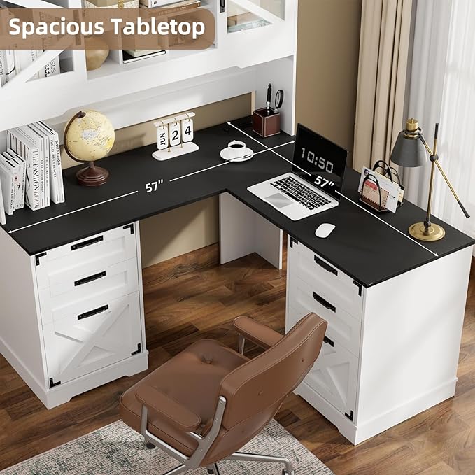 VOWNER 57" Farmhouse L Shaped Desk with Hutch, Executive Desk with Charging Station, Home Office Desk with Sliding Doors and File Cabinet, Wood Corner Computer Desk with Drawers for Home Office, White