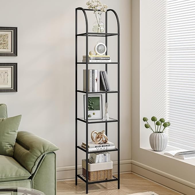 Hzuaneri Bookcase Bookshelf, Tempered Glass Arched Bookshelf for More Storage, Slim Shelving Unit for Bedroom, Bathroom, Home Office, Steel Frame, 6 Tier Black BC20699B