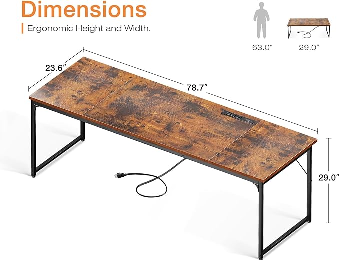 Coleshome 79 Inch Large Computer Desk with Power Outlet, Extra Long Desk for Home Office & Gaming, Spacious Writing Table for Study and Crafting, Rustic Brown