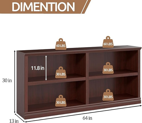 blini Low Horizontal Bookshelf Double Wide 64" 2-Tier Bookcase 4 Cube Storage Organizer Cherry Wood Bookcases for Bedroom and Home Office Decor Display