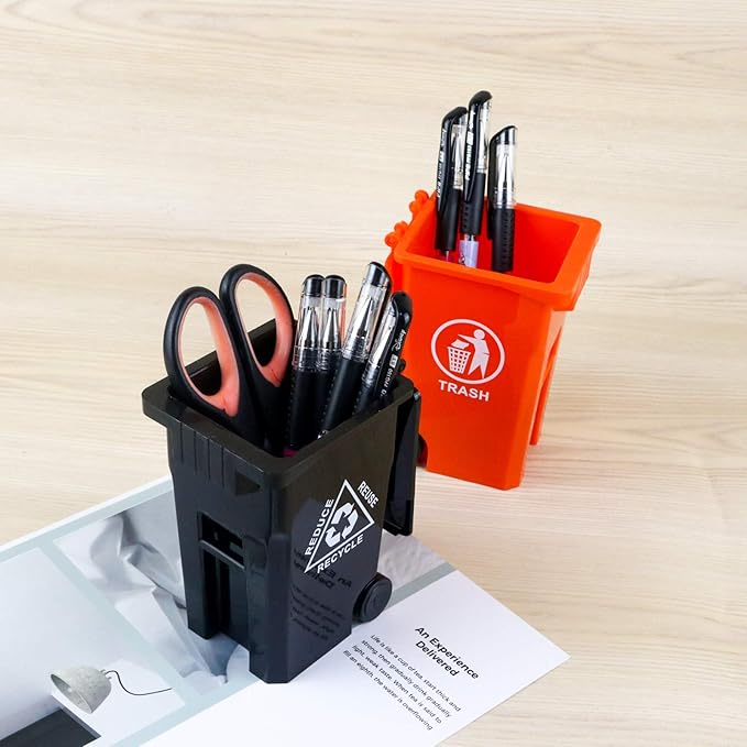 Wiosi Mini Garbage Trash Pen Holder for Desk and Tiny Recycle Bin Pencil Holder Black & Orange, Pack of 2 - Storage for Pencil & Pen | Office Stationery to Organize the Desk | Ideal for Student Work