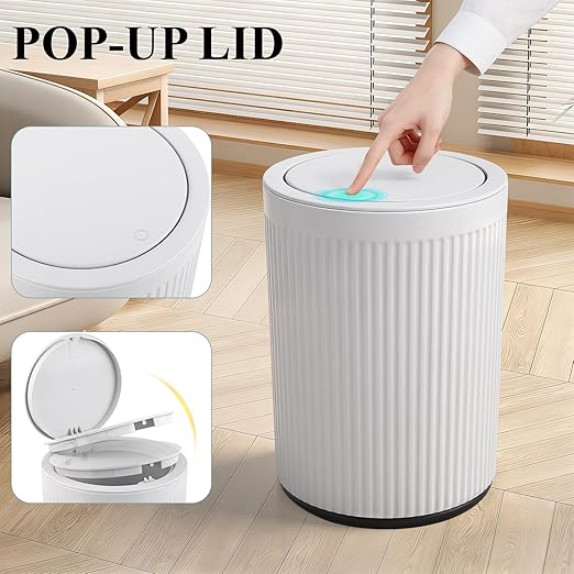 JiatuA Small Bathroom Trash Can with Lid, 2.1 Gallon Garbage Can with Pop-Up Lid Trash Bin Round Wastebasket for Kitchen Bedroom Office Living Room Toilet College Dorm, White