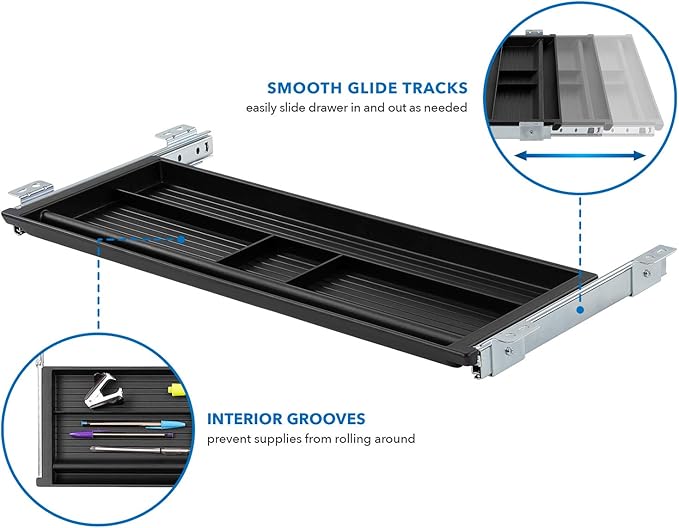 Mount-It! Under Desk Pencil Drawer | 21.25” W, Ball Bearing Slide-Out Organizer for Office Supplies, Paper & Pencils | Fits Desks Over 1” Thick, Adjustable Extension 16.25”–28”