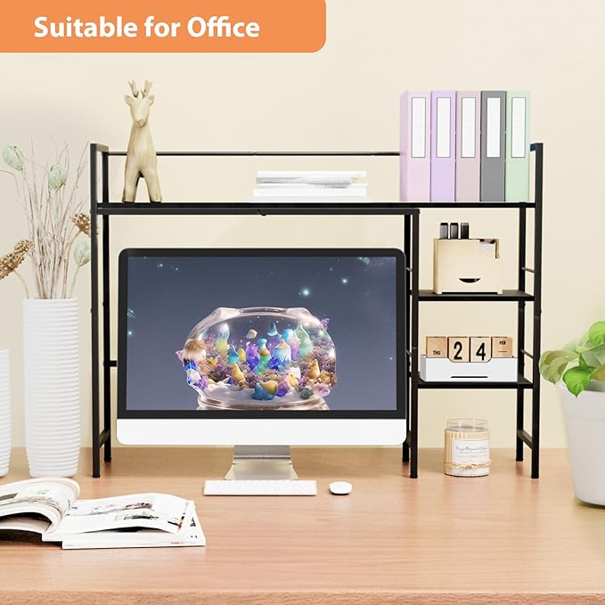 HavenlyYouth Desk Shelf, 38.6 Inch Wood Desk Organizer Shelf for Computer Monitor, Desk Hutch Storage, Desktop Shelf for Top of Desk, 3 Tier Desktop Bookshelf for Home Office Dorm, Black
