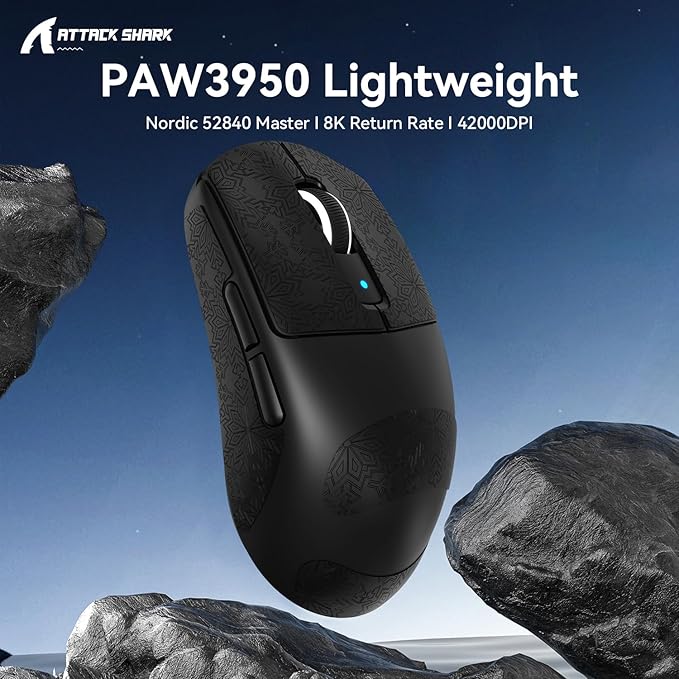 ATTACK SHARK R6 Wireless Gaming Mouse,38G Ultra-Lightweight Trip-Mode 2.4G/USB-C/Bluetooth Mouse Gaming with PAW3950MAX Sensor,42000 DPI,50G Accelerated Speed for PC/Laptop/Mac -Black&Tape