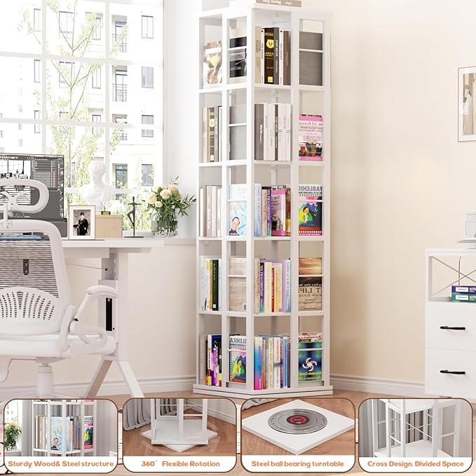 Aheaplus Rotating Bookshelf, Corner Bookcase, 360 Display Wood Spinning Bookshelves, Floor Standing Bookcases Narrow Shelf, 5 Tiers, White