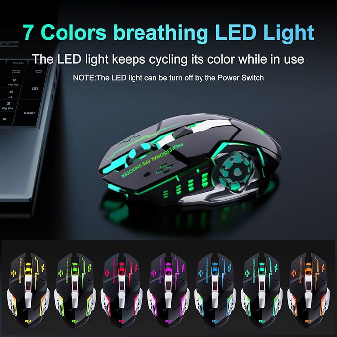New 2.4G Wireless Rechargeable Gaming Mouse Silent Click with 6 Buttons, 3 Adjustable Levels DPI, Colorful LED Lights for Laptop, iPad, MacOS, PC, Windows, Android (Black)