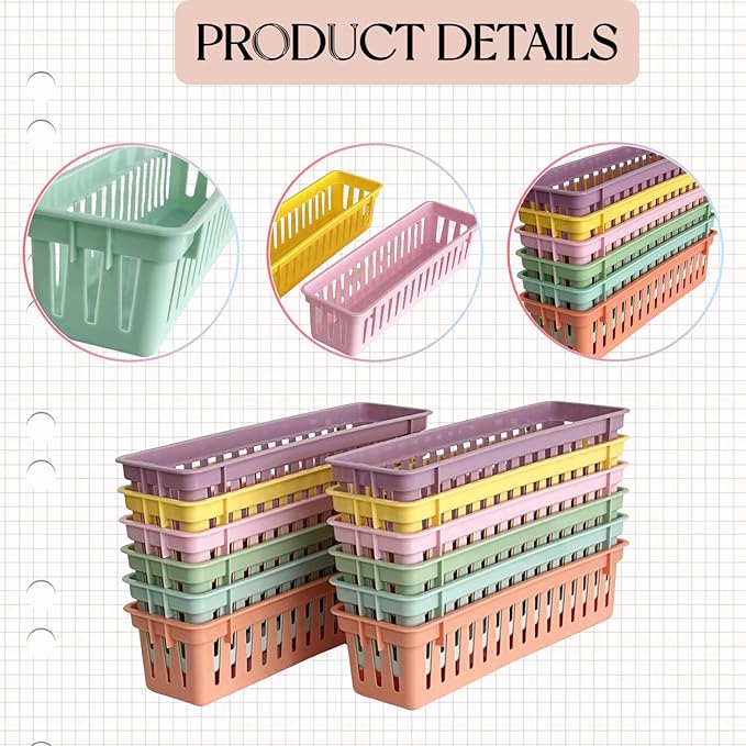 RAUVOLFIA 12 Pack Classroom Pencil Organizer Pencil Basket or Crayon Basket, Small Pencil Holder Tray for Kids Desks (Boho)