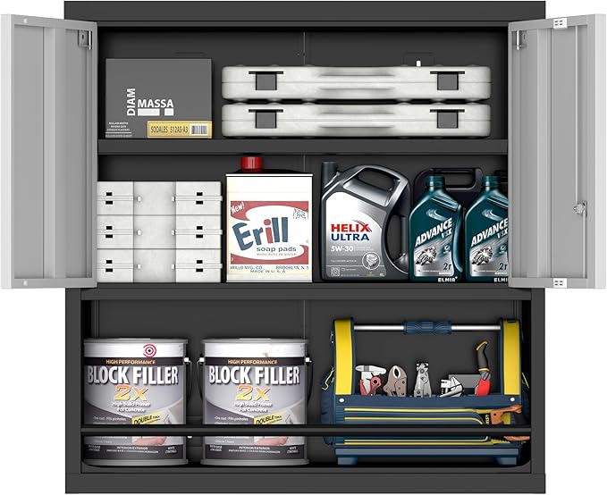 IRONFFICE Locking Cabinet,Metal Garage Storage Cabinets with Shelf,Wall Storage Cabinet with Doors for Home Office,Garage,Grey-Black