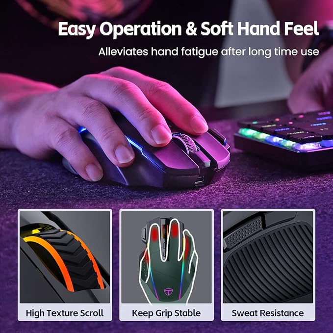 RisoPhy Wireless Gaming Mouse,Tri-Mode 2.4G/USB-C/Bluetoothy, Up to 10000DPI,Chroma RGB Backlit,Ergonomic with 8 Programmable Buttons,Rechargeable Computer Mouse for Laptop,PC,Mac