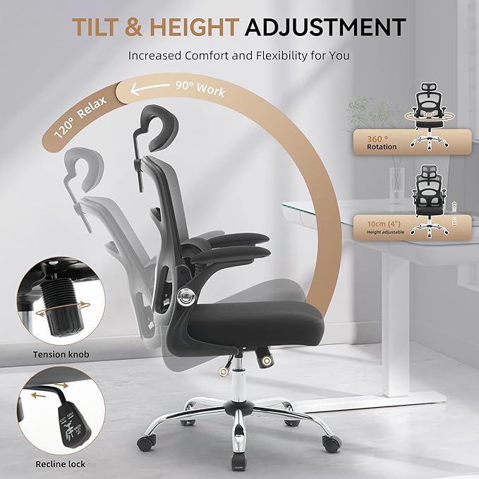 Office Chair Ergonomic Desk Chair - Home Mesh Office Desk Chair with Wheels, High-Back Computer Gaming Chair with Adjustable Headrest, Rolling Swivel Task Chairs for Home, Office, Gaming Room, Black