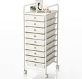 9-Tier Utility Cart with 9 Drawers, Rolling Utility Cart with 2 Lockable Caster Wheels, Multipurpose Mobile Rolling Storage Drawer Cart for Office Bathroom Kitchen, Ivory White