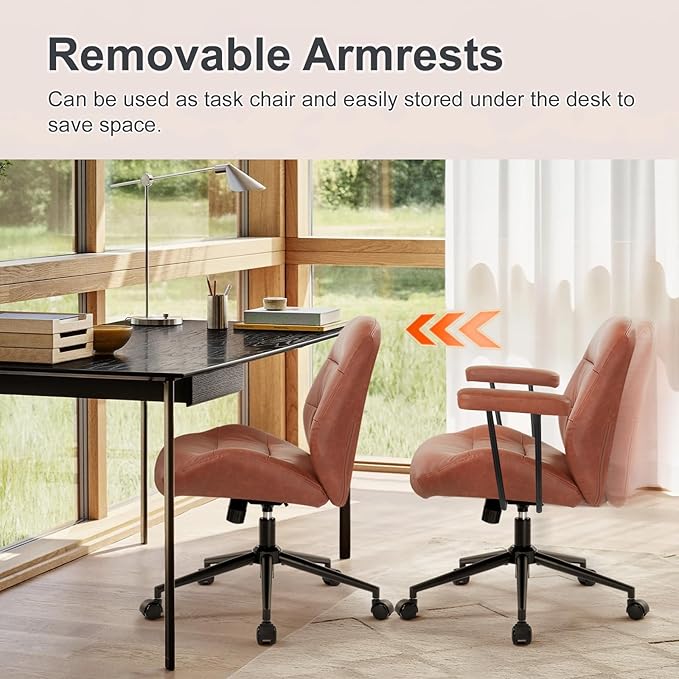 IWMH Home Office Chair, PU Leather Office Chair with Removable Armrests, Mid-Century Modern Desk Chairs with Lumbar Support, Ergonomic Executive Task Chairs, Height Adjustable (Brown)