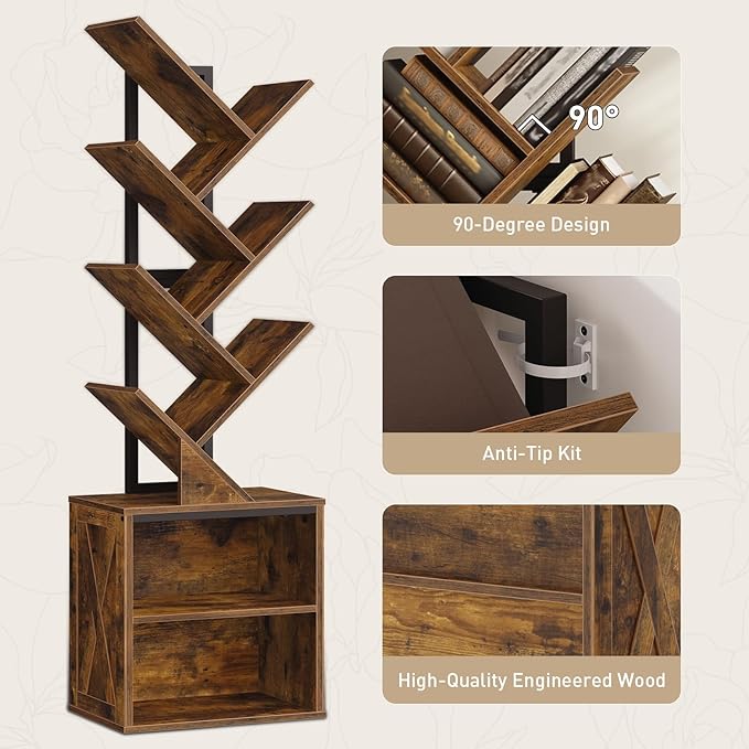 RALGEND Tree Bookshelf, 6 Tier Bookcase with 2 Storage Racks, Free Standing Tall Wooden Bookcase, Floor Standing Book Shelf Organizer for Living Room, Bedroom, Study, Home Office, Rustic Brown