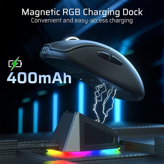 LTC GM022 Ultralight 3-Mode Wireless Gaming Mouse with RGB Charging Dock, PAW3395 26K DPI Sensor, 55G Lightweight Ergonomic Bluetooth Gaming Mouse, 5 Programmable Buttons, 80 Million Click Switch