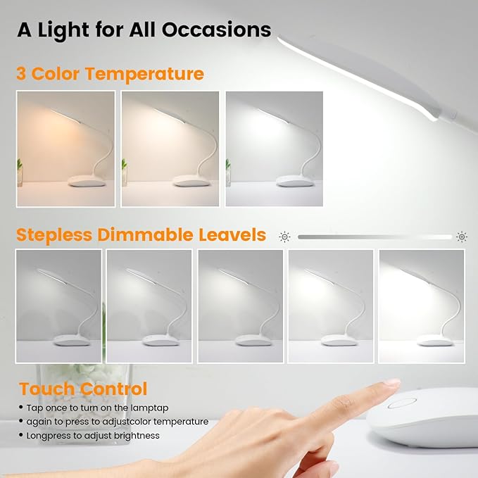 Battery Powered Desk Lamp, Portable Lamps Rechargeable 3 Color Modes Touch Control Stepless Dimming, Wireless Desk Lamp with 2000mAh, Small LED Table Light for Dorm Study Office Bedroom,2-Pack,White