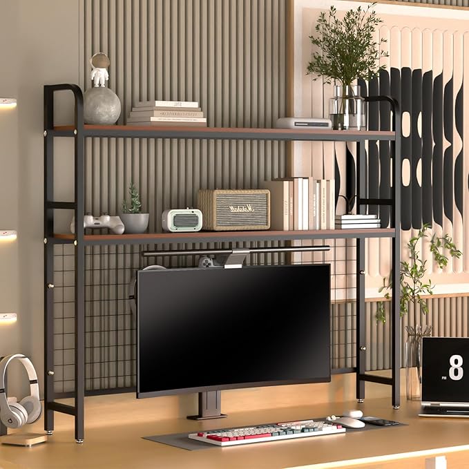 FAHKNS 2-Tier Desktop Bookshelf - Metal Desktop Bookshelf Organizer，Desk Book Organizer with 3 Hooks & DIY Storage Mesh，Suitable for Office/Game Room/Study/Powder Room（Black）