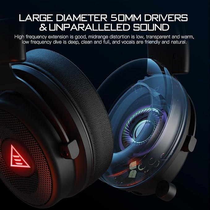 EKSA Wireless Gaming Headset for PC, USB Headphones with Retractable Microhpone, Surround‑Tuned, 20ms Ultra-Low Latency, 50Hr Battery, 2.4G Bluetooth Wired Computer Headset for PS4 PS5 Laptop