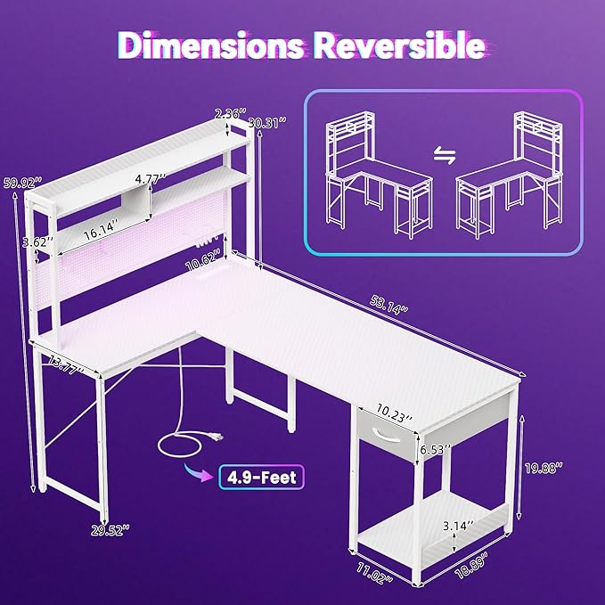 Apicizon L Shaped Gaming Desk 53", Reversible Corner Computer Desk with LED Lights, Carbon Fiber Surface, Pegboard with Hooks, Drawer & PC Tower Stand, USB Charging Port