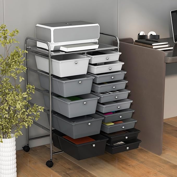 Moccha 15-Drawer Rolling Storage Cart - Under Desk Storage Drawers with wheels for Craft Art Supply Paper Salon, Scrapbook Paper Tools, Mobile Utility Cart for Classroom (15 Drawers, Gradient Grey)