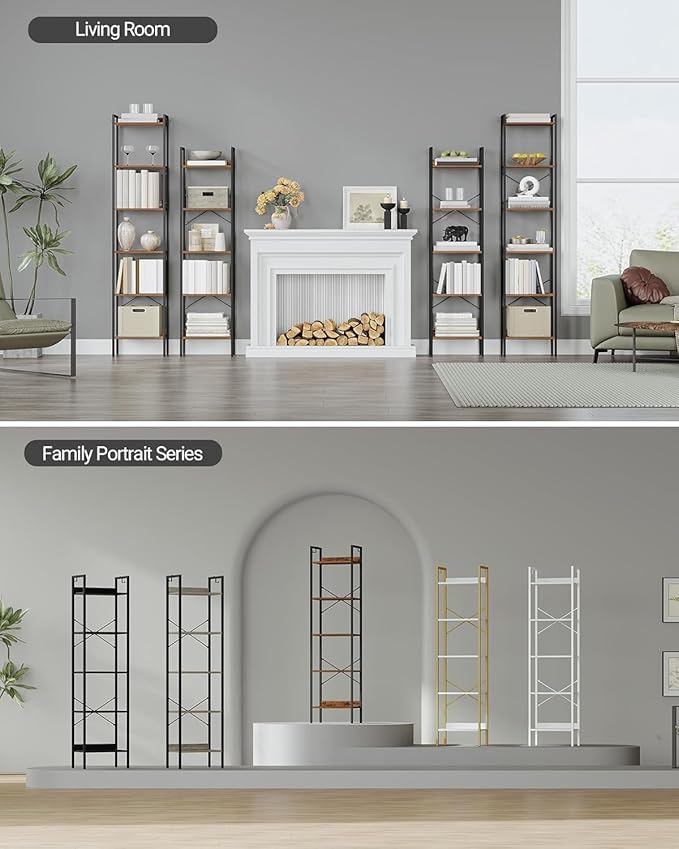 Hzuaneri Bookshelf, Book Shelf, Industrial Bookcase with 2 Hooks, Coner Shelf Storage Organizer for Home Office, Living Room, Bedroom, Kitchen, 5-Tier Rustic Brown BC10501B