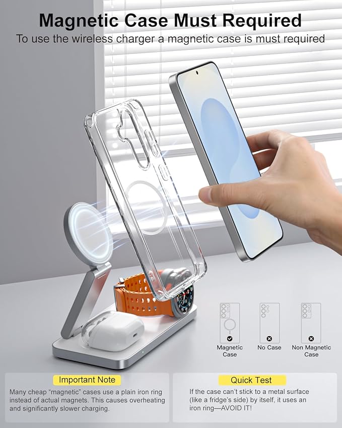 3-in-1 Charging Station for Samsung, Magnetic Fast Wireless Charger Stand Compatible with MagSafe for Galaxy S26/S25/S24/S23/Z Fold/Flip Series, Galaxy Watch Ultra/8/7/6/5, Galaxy Buds Pro/4//3/2