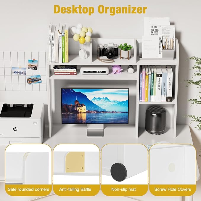 YGYQZ Desktop Bookshelf, White Desk Hutch with 6 Shelves for Computer Desk, Multipurpose Wood Desk Shelf Storage Organizer for Dorm Office Home