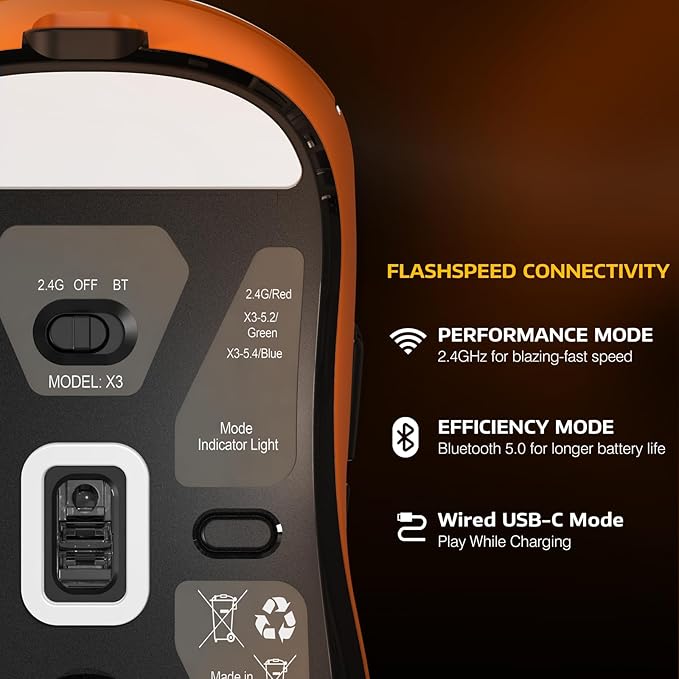 ATTACK SHARK X3 Lightweight Wireless Gaming Mouse with Tri-Mode 2.4G/USB-C Wired/Bluetooth,Up to 26K DPI, PAW3395 Optical Sensor,Kailh GM8.0 Switch,5 programmable Buttons for PC/Win/Mac(Orange)