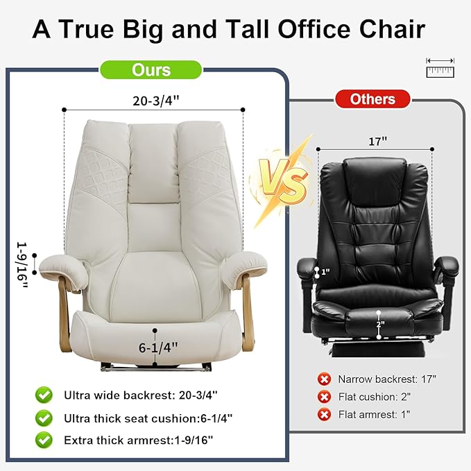 EXCEBET Big and Tall Executive Office Chair with Footrest, 400LBS Capacity Ergonomic High-Back Desk Office Chair with Lumbar Support, Padded Armrests & Thick Cushion, White PU Leather Chairs