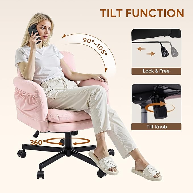 Bestier Criss Cross Chair with Flip-Up Armrests, Swivel Makeup Vanity Chair with Wheels & Side Pockets, Cross Legged Office Chair for Home Office, Bedroom, Pink Velvet