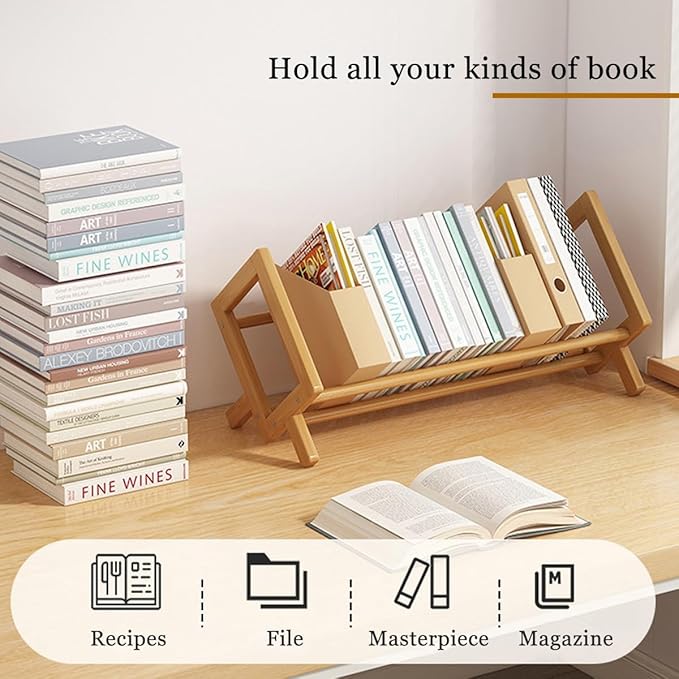 Wood Tilting Bookcase in Living Room/Home/Office, Desktop Book Shelf Organizer Bookshelves Storage Rack for CDs/Magazine/Books Display (Yellow, 16"-L)