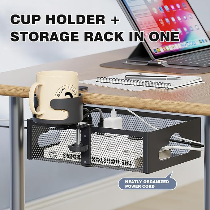 Cup Holder Under Desk Drawer 360° Swivel C-clamp Mounting Mesh Storage Box Spill-proof Easy Install Table Management Tray