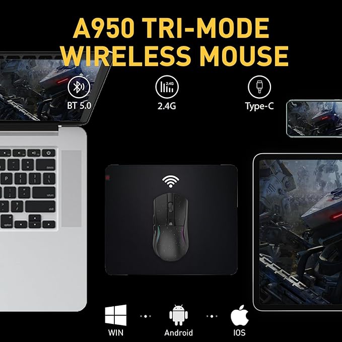 DAREU A950 Wireless Gaming Mouse with RGB Charging Dock,88g Lightweight Programmable Tri-Mode Wireless Mouse Gaming, Up to 12K DPI,1000Hz,120Hrs Playtime with RGB Backlit, Great for PC, Mac