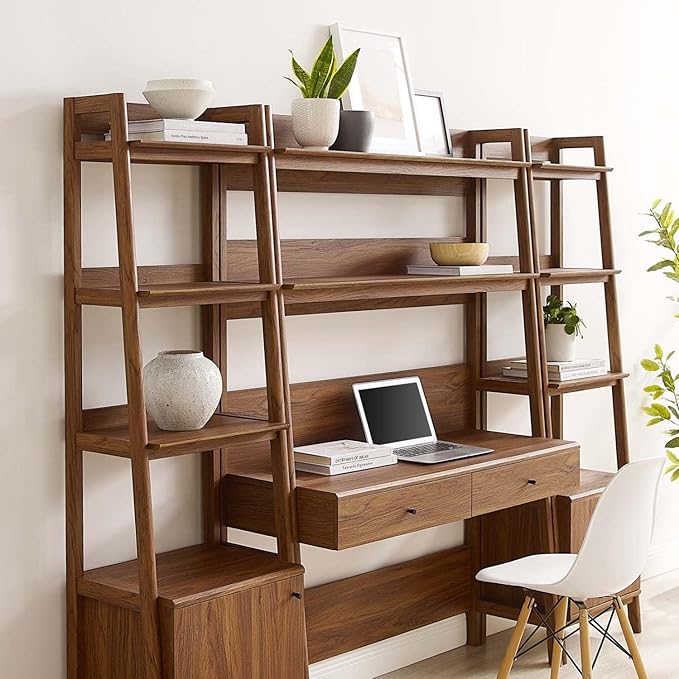 Modway 3-Piece Home Office Desk and Bookshelf Display Case in Walnut