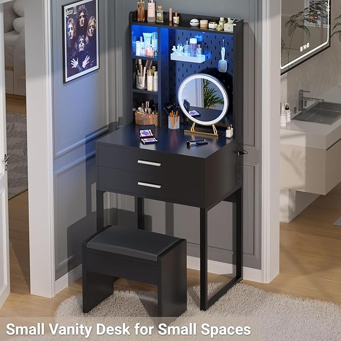 Besiost Small Vanity Desk with Hutch and Drawers, Black Makeup Vanity Desk with Charging Station, Vanity Table Dressing Table with LED Lights, Vanity Desk No Mirror with Pegboard for Girls Women, 24"