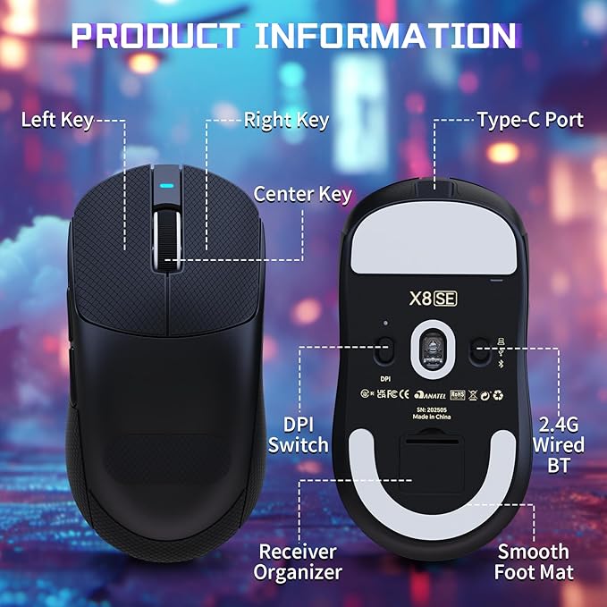 ATTACK SHARK X8SE Wireless Gaming Mouse,Adjustable 25K DPI PAW3311 Optical Sensor,Ergonomic 59g Lightweight,Triple Modes 2.4G/BT/USB-C,500mAH Battery,5 Programmable Buttons for PC/Mac-Black&Griptape