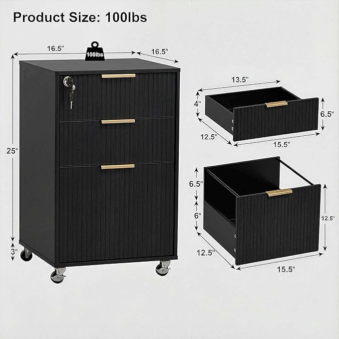 INNOD 3 Drawer Fluted Mobile File Cabinet with Lock, Rolling File Cabinet, Under Desk Wooden Filing Cabinets for Home Office (Black)