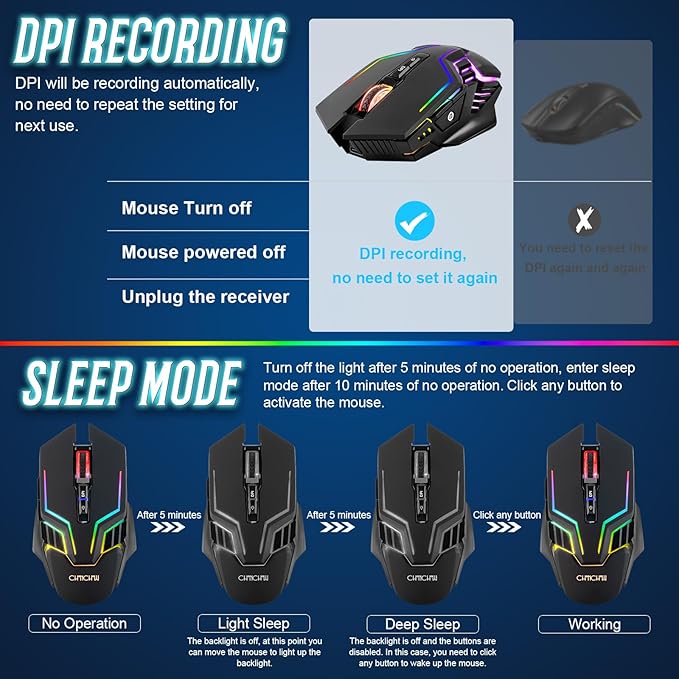 CHONCHOW Wireless Gaming Mouse for PC, RGB Backlit, 12 Light Modes, 2.4G Receiver/USB-C, Up to 3200 DPI, Rechargeable Wireless Computer Mice with 58inch Charge Cable for Laptop/Windows/PS4 Gamer-Black