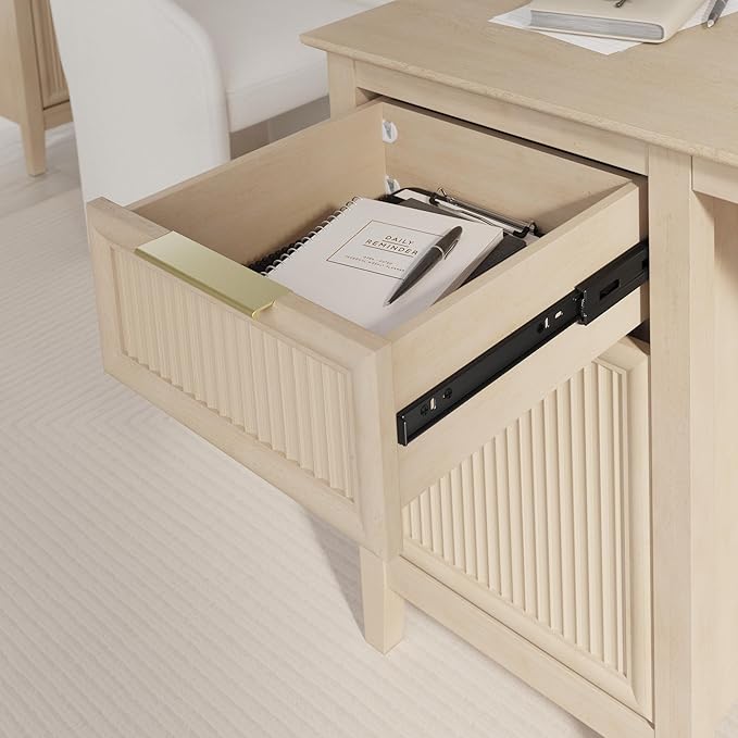 Bush Home 54-inch Office Desk with Storage and 5 Shelf Bookcase with Doors, Home Office Furniture, Camille Collection, Natural Birch