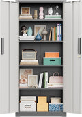 Greenvelly 63" H Metal Storage Cabinet Grey White, Locking Metal Cabinet, Store Tools, Clothes, Tableware and Toiletries, Garage Cabinets with Adjustable Shelves for Office, Home, Garage, Pantry