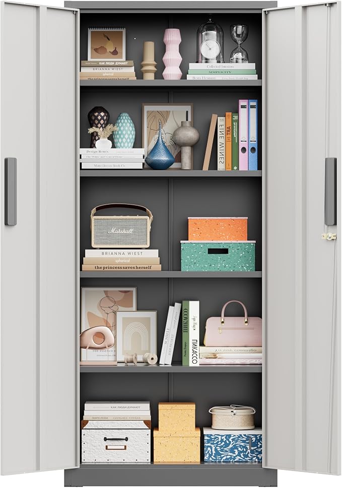 Greenvelly 63" H Metal Storage Cabinet Grey White, Locking Metal Cabinet, Store Tools, Clothes, Tableware and Toiletries, Garage Cabinets with Adjustable Shelves for Office, Home, Garage, Pantry